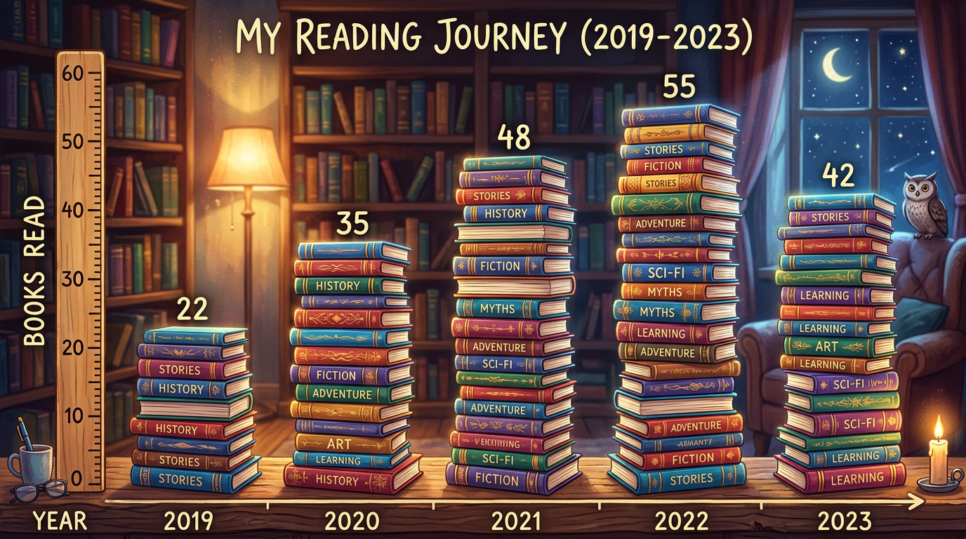 Bar chart of books read yearly from 2019 to 2023 depicting different genres