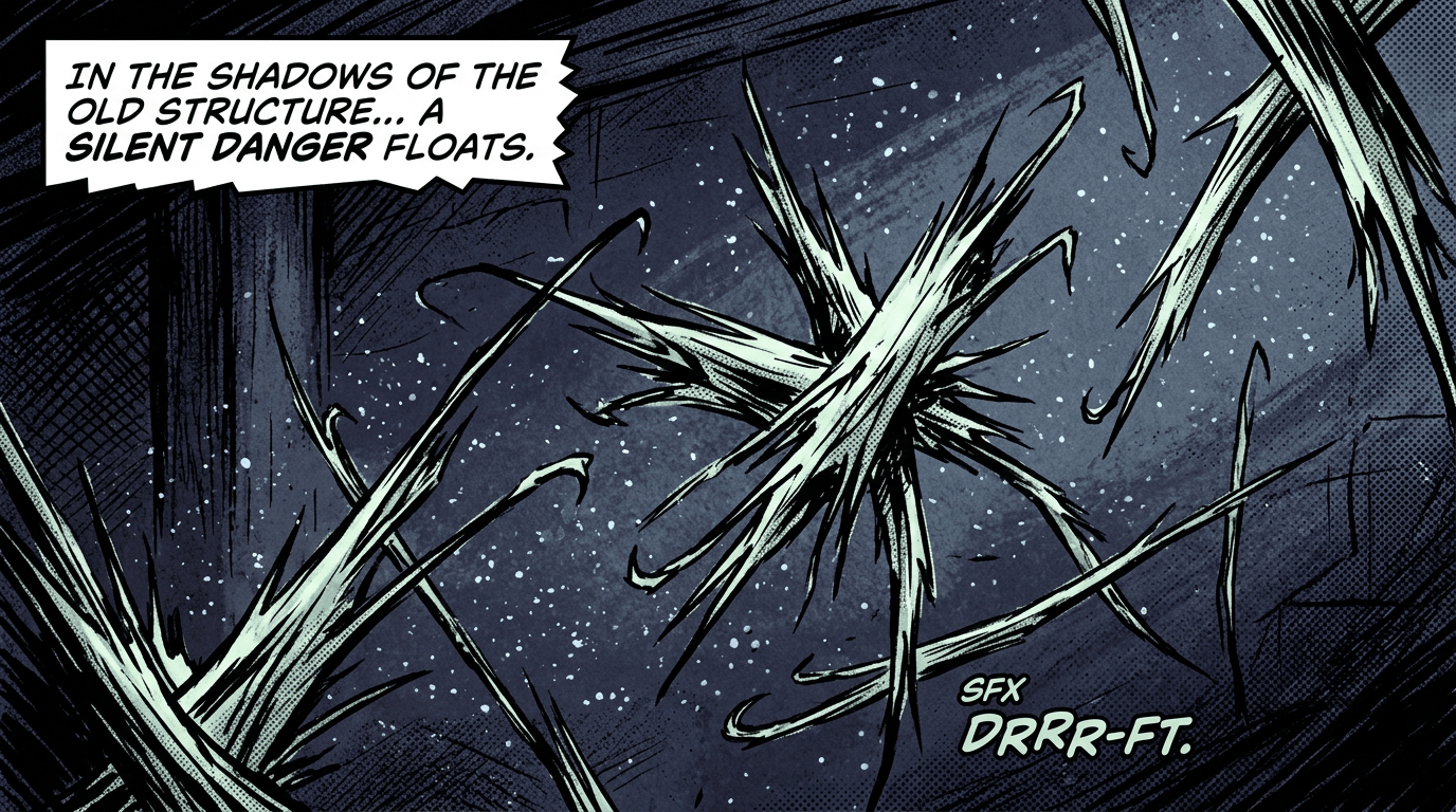 Spiky underwater creature floating silently among dark beams with text
