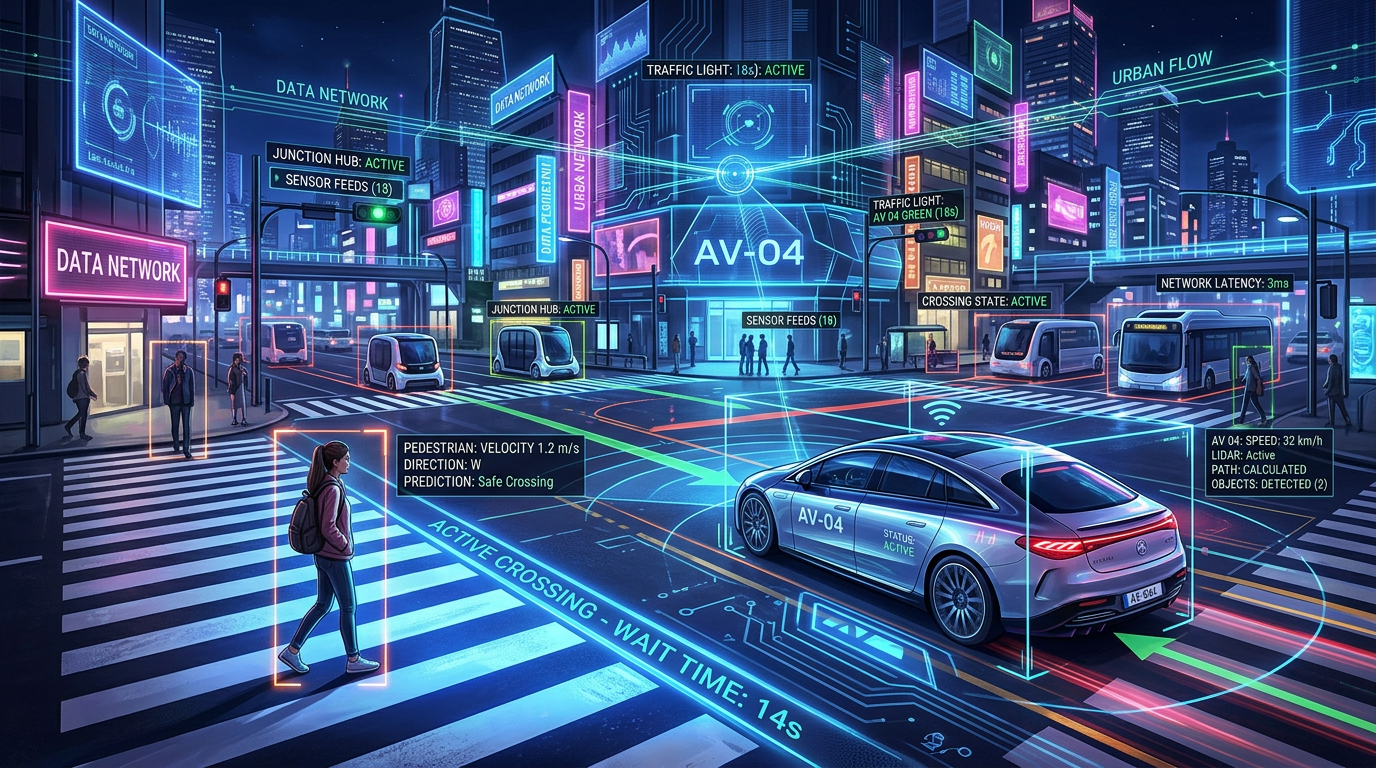 Autonomous vehicle at intersection with sensor data overlays showing pedestrian crossing and traffic signals