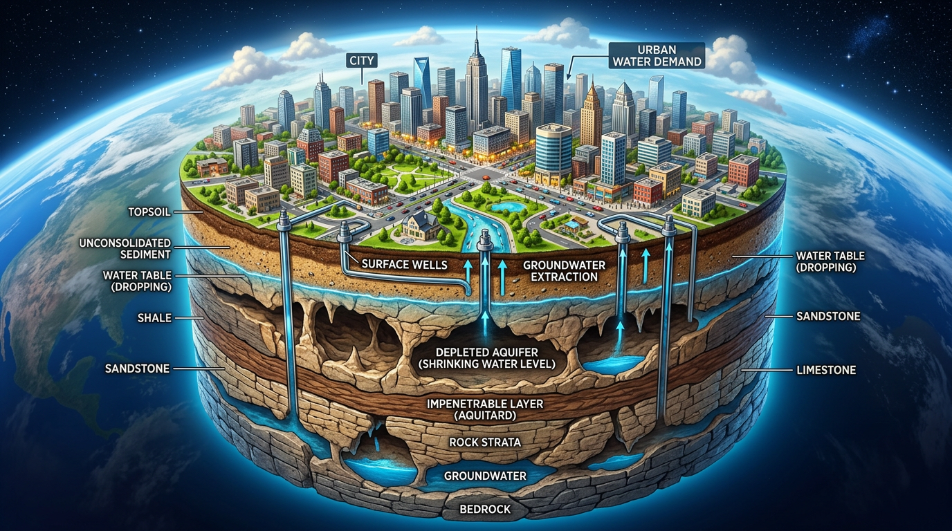 Cross-sectional diagram of urban groundwater extraction showing city, soil layers, water table, aquifers, and water depletion