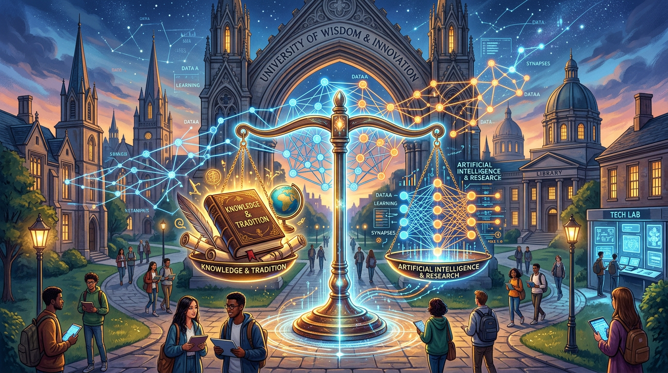 Scales balancing a book labeled Knowledge & Tradition and digital nodes labeled Artificial Intelligence & Research surrounded by students on a university campus