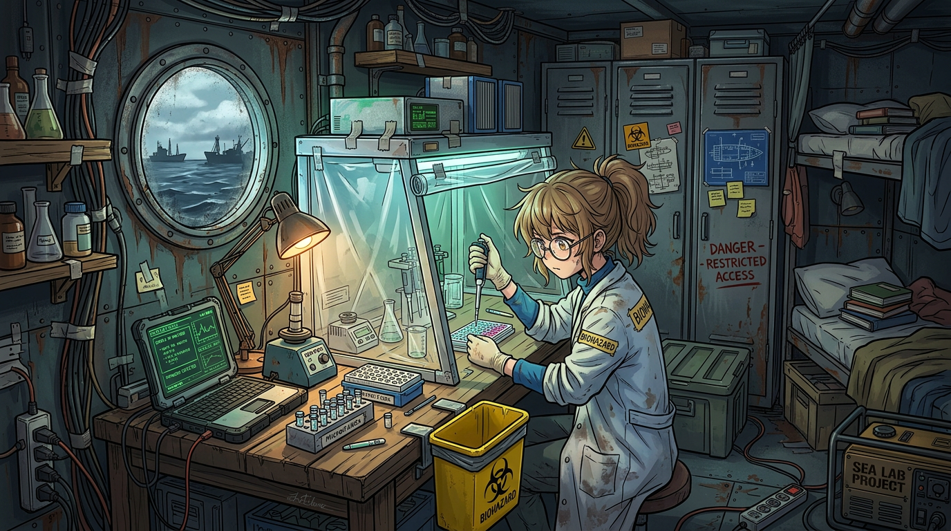 Scientist in biohazard suit working with lab equipment inside ship laboratory