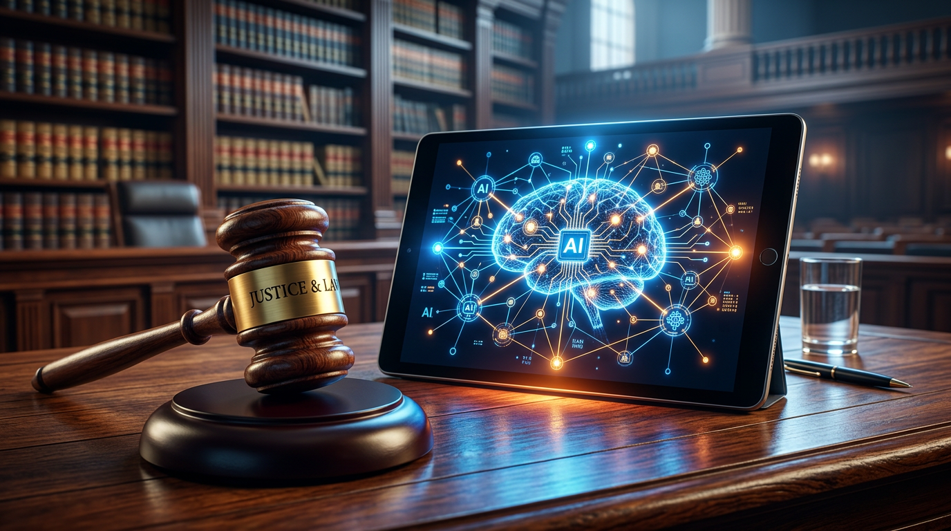 Gavel with Justice & Law inscription next to tablet showing AI brain network