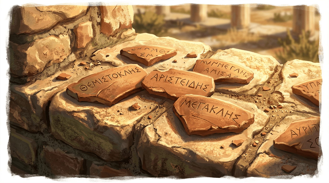 Shards of pottery with ancient Greek names engraved, placed on stone ruins.