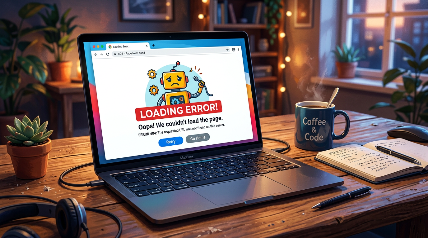 Laptop showing 404 error page with a broken robot illustration