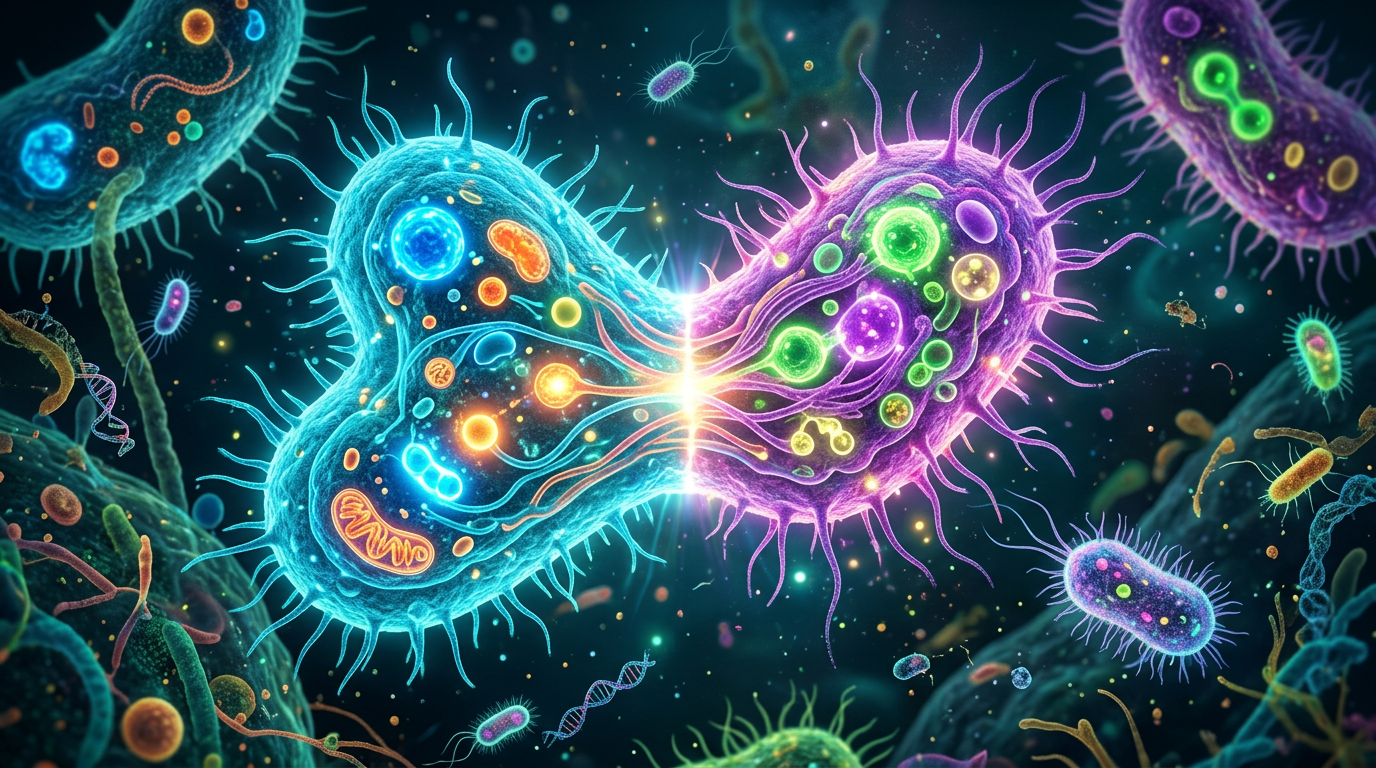 Two bacteria undergoing cell division with colorful internal components and surrounding DNA strands