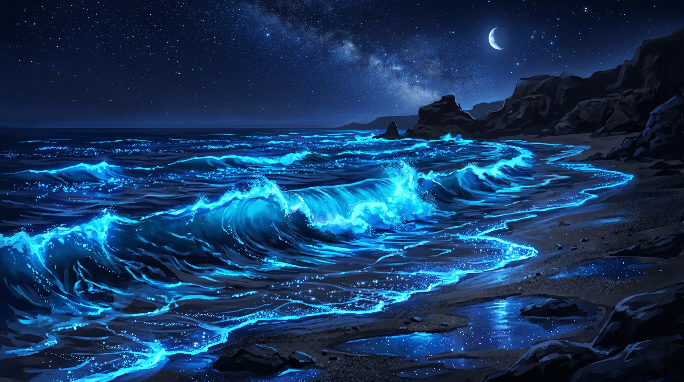 Bioluminescent waves glowing bright blue along a rocky beach under a crescent moon and starry night sky