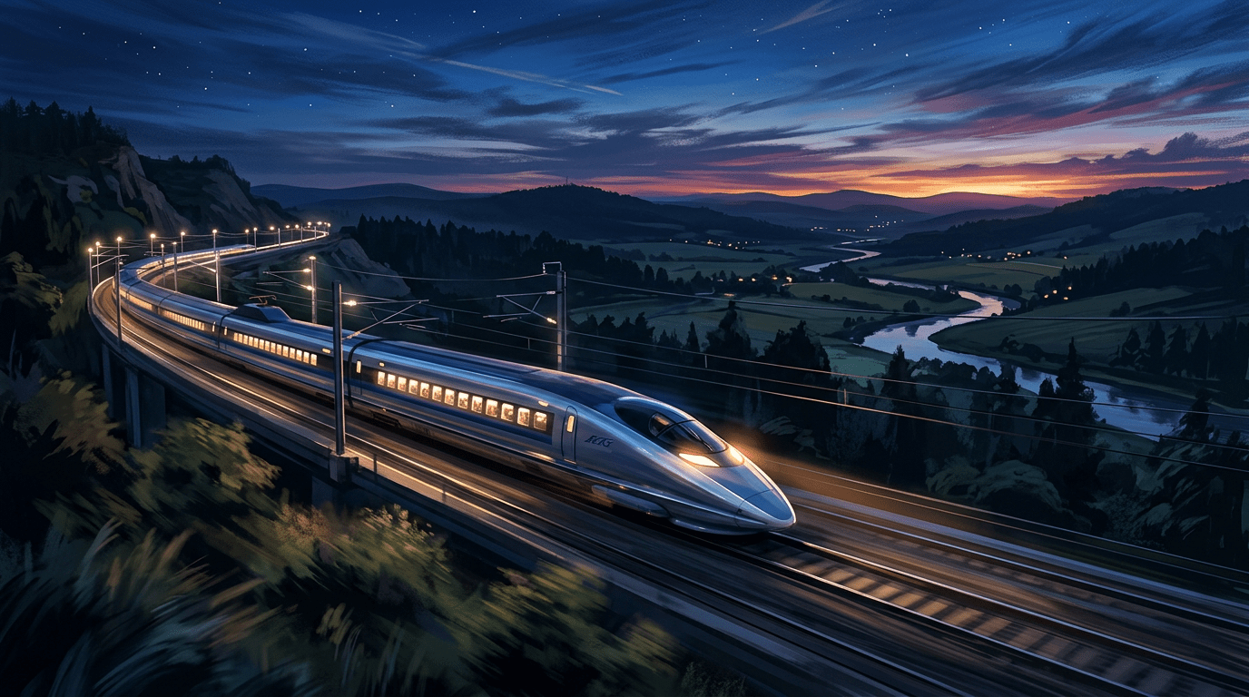 High-speed silver train traveling on elevated tracks during sunset with illuminated windows