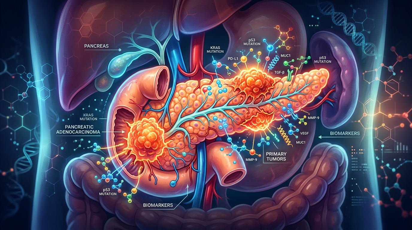 Pancreas with pancreatic adenocarcinoma tumors labeled alongside KRAS, p53 mutations, and biomarkers such as PD-L1, MMP-9, and VEGF.
