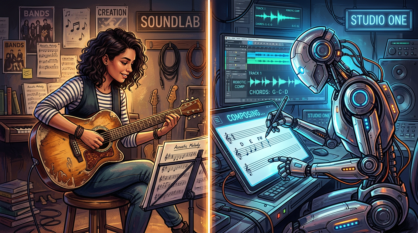 Woman playing acoustic guitar on left, robot composing music on digital tablet on right