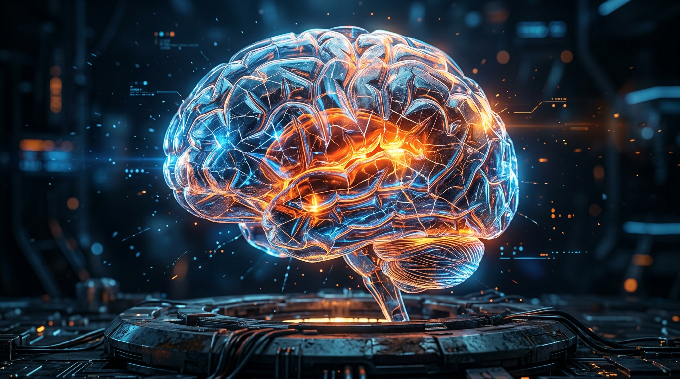 Digital brain model with highlighted neural connections in blue and orange