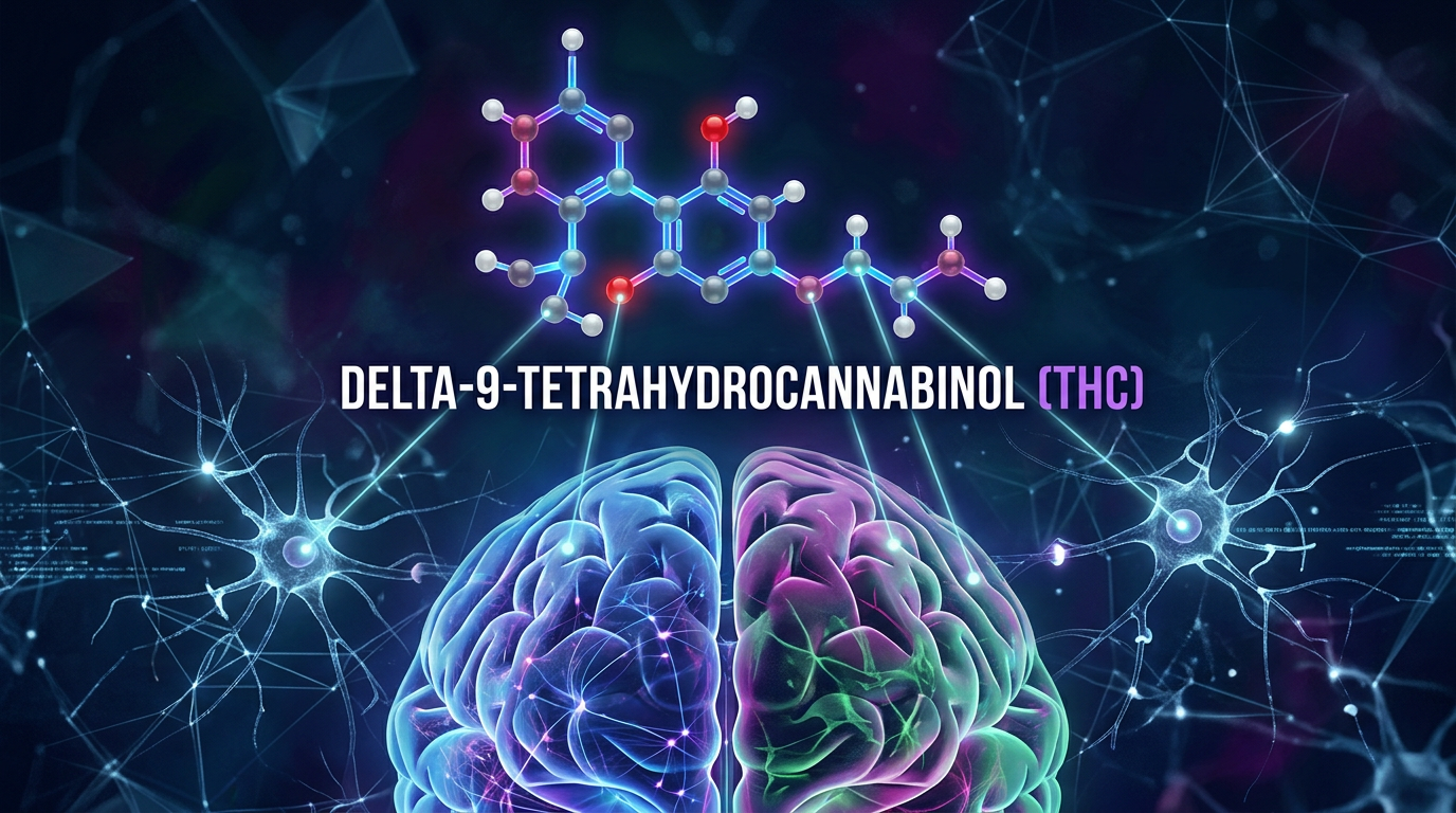 Molecular structure of THC above a digitally rendered human brain with neural connections