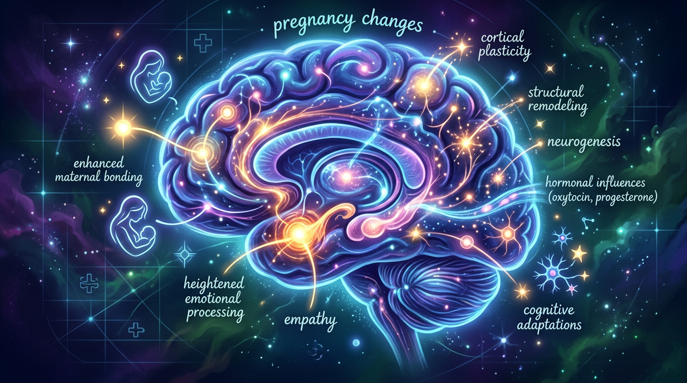 Illustration of brain with labels showing pregnancy-related changes like enhanced maternal bonding, heightened emotional processing, empathy, cortical plasticity, structural remodeling, neurogenesis, hormonal influences, and cognitive adaptations