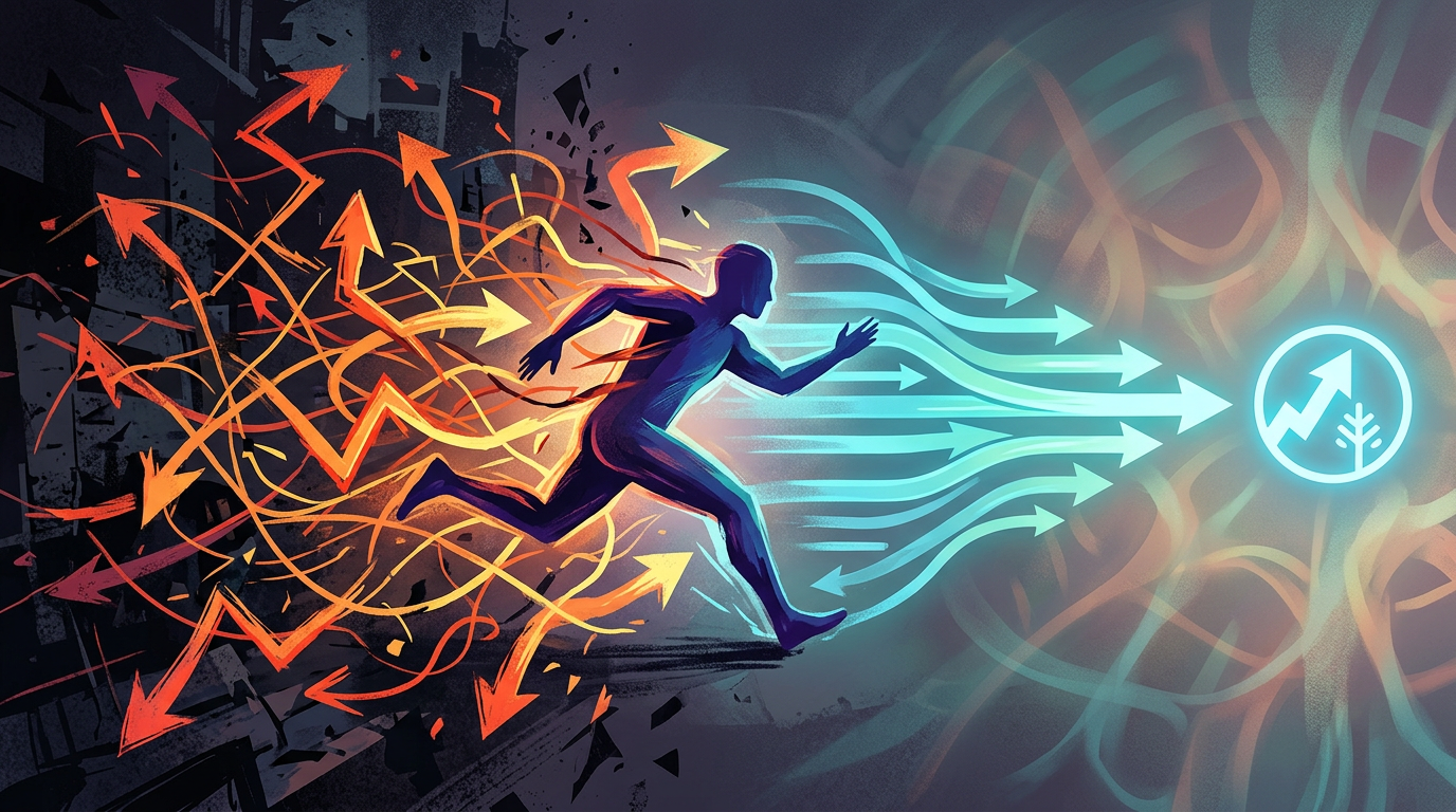 Person running from chaotic red arrows to organized blue arrows pointing at a growth icon