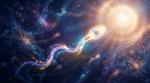 Glowing sperm cell moving toward bright egg in dark space