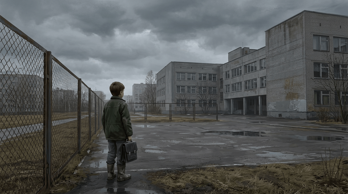 Child holding briefcase looking at empty, worn school buildings under dark clouds