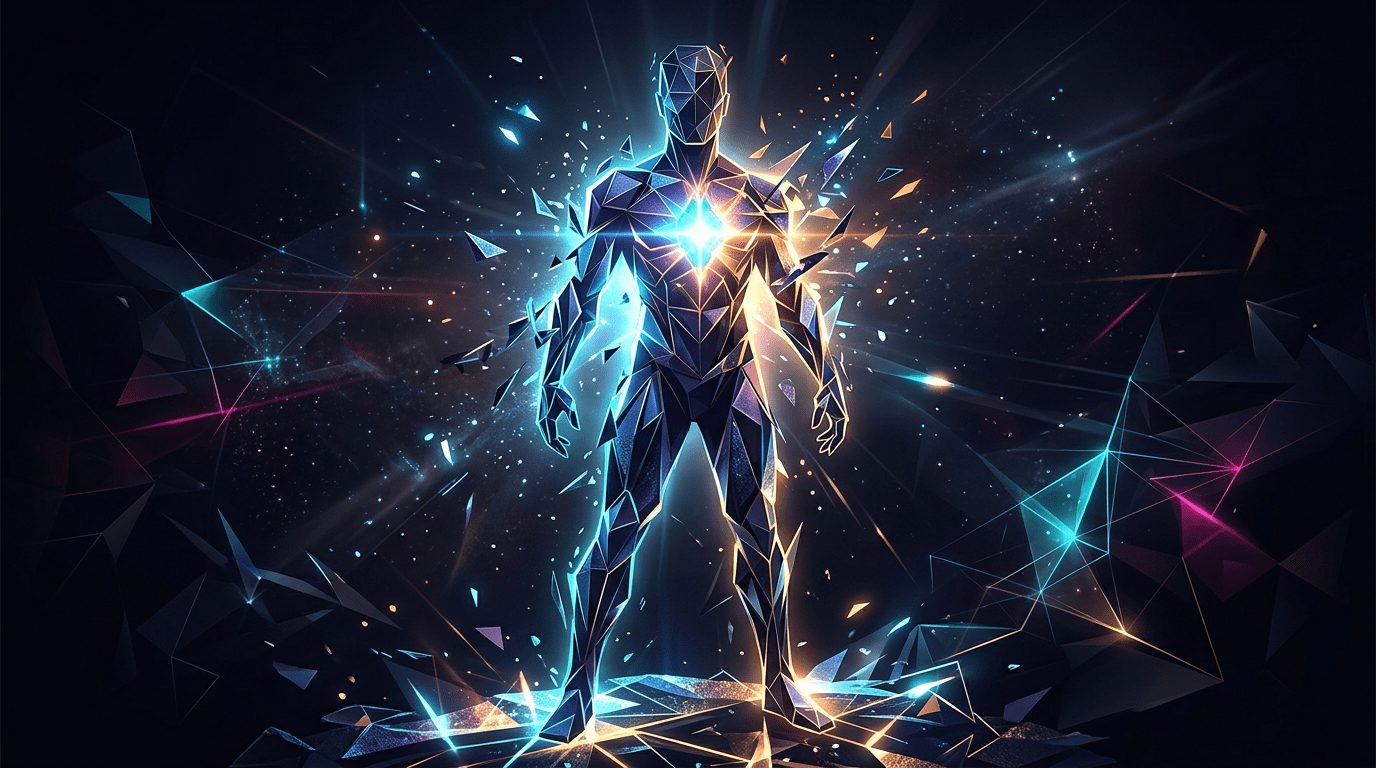 Polygonal humanoid figure glowing with light shards and geometric fragments