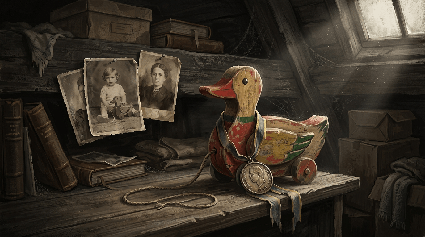 Wooden toy duck with medal, vintage photographs, and old books in a dusty attic
