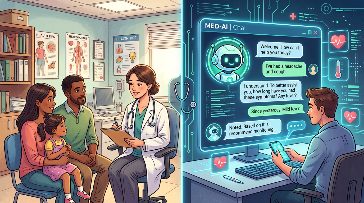 Family consulting doctor in clinic and man using AI medical chat assistant