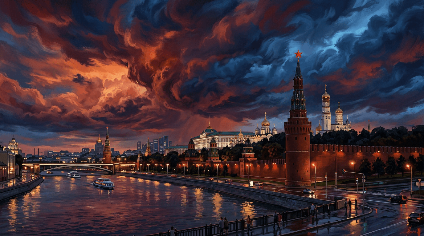 Moscow Kremlin complex along riverbank with dramatic sunset sky