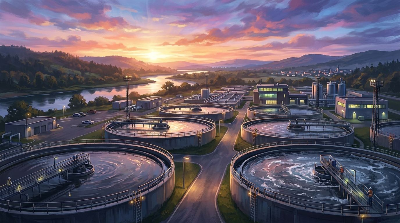 Water treatment plant with large circular tanks near river at sunset