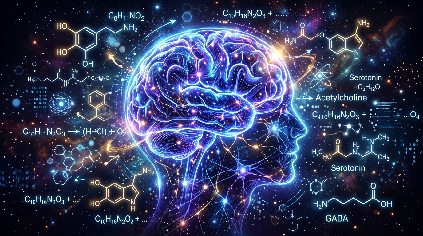 Digital illustration of a glowing brain outline with chemical formulas for serotonin, acetylcholine, and GABA