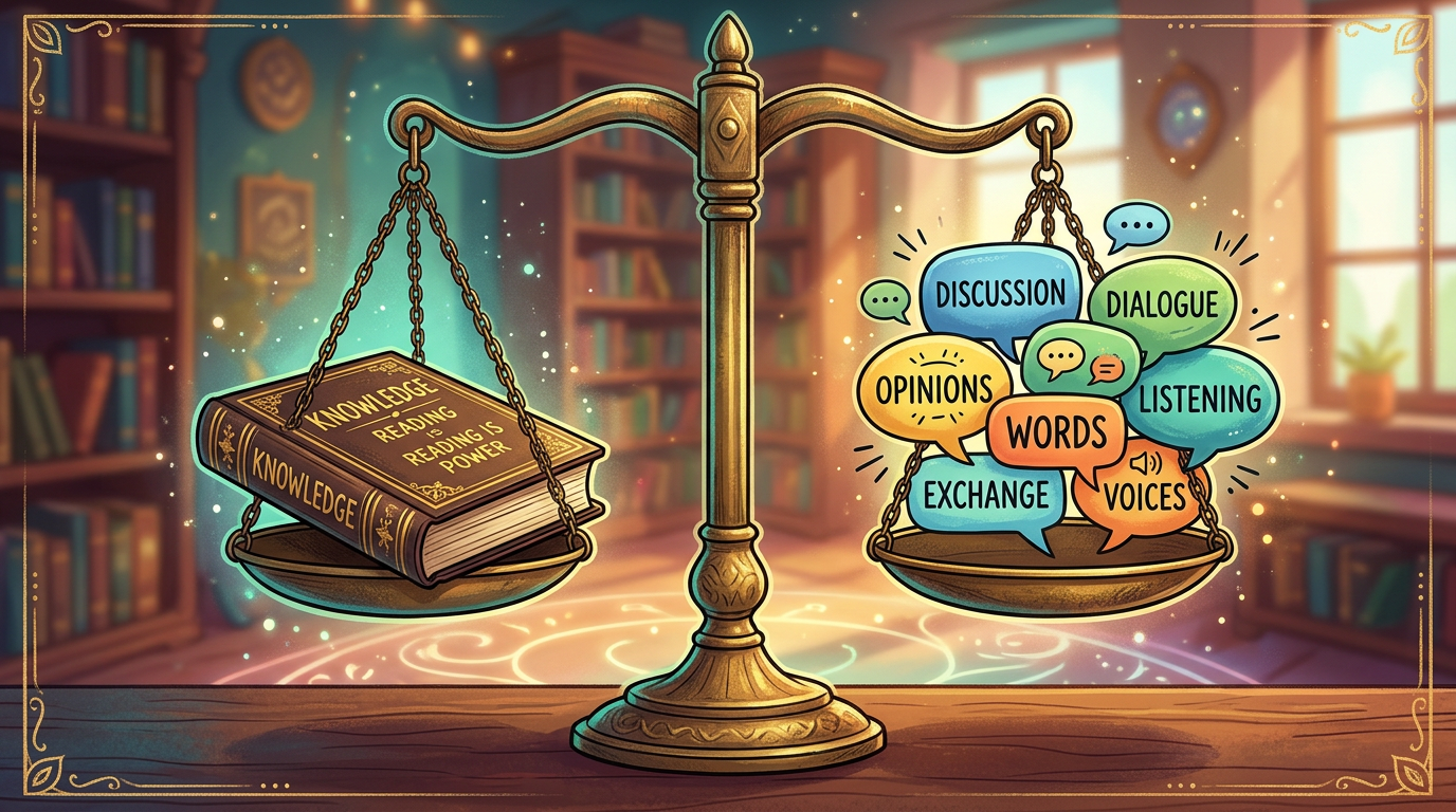 A scale balancing a book labeled knowledge on one side and colorful speech bubbles with words like discussion, dialogue, opinions on the other