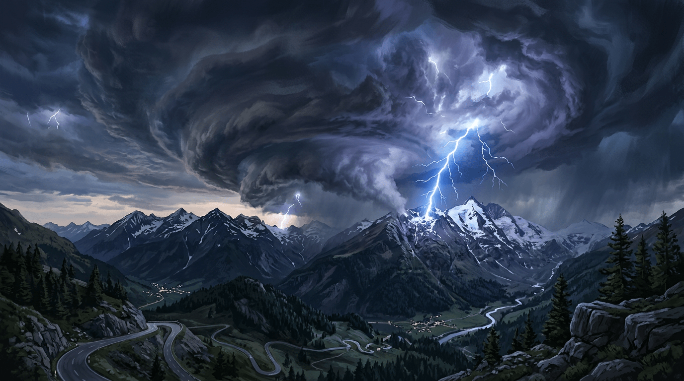 Lightning strikes on snow-capped mountain peaks during a dark storm with swirling clouds