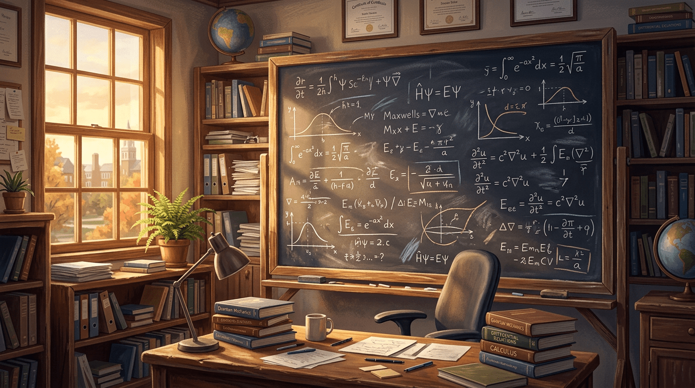 Office with chalkboard covered in mathematical physics equations, bookshelves, desk with papers and books, and window showing autumn outside