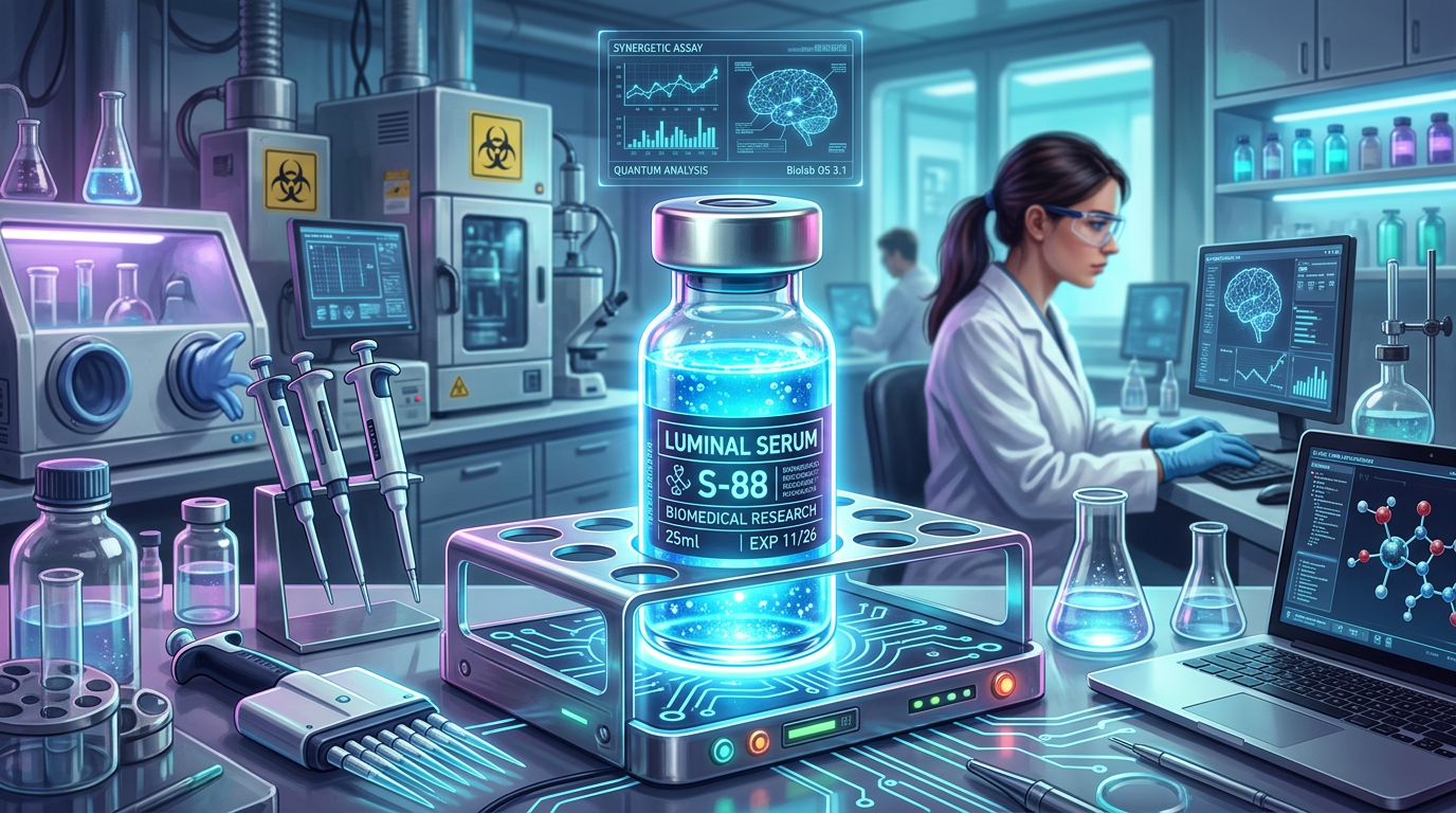 Laboratory scene with scientist, glowing Luminal Serum vial on device, and digital brain and molecule data screens