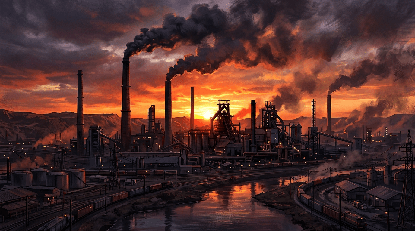 Industrial factory with smokestacks emitting dark smoke at sunset