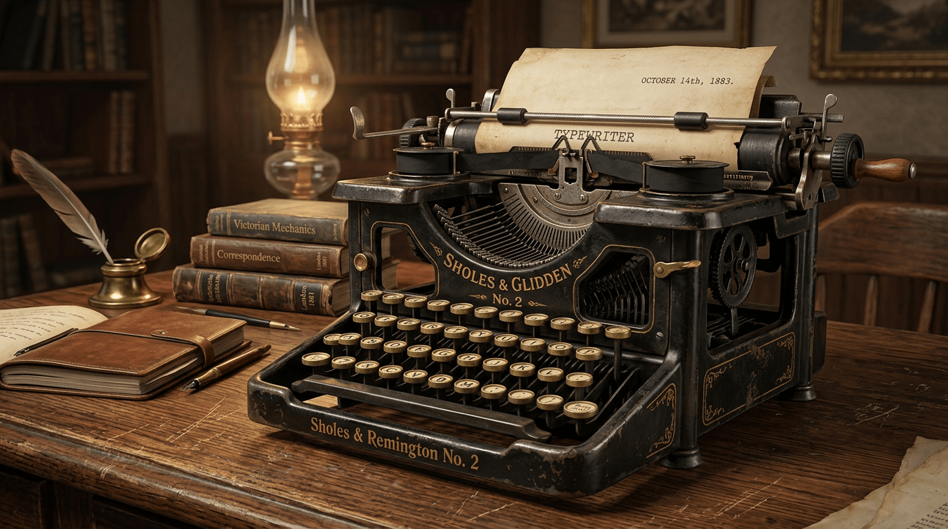 Antique Sholes & Glidden No. 2 typewriter on wooden desk with books and quill pen