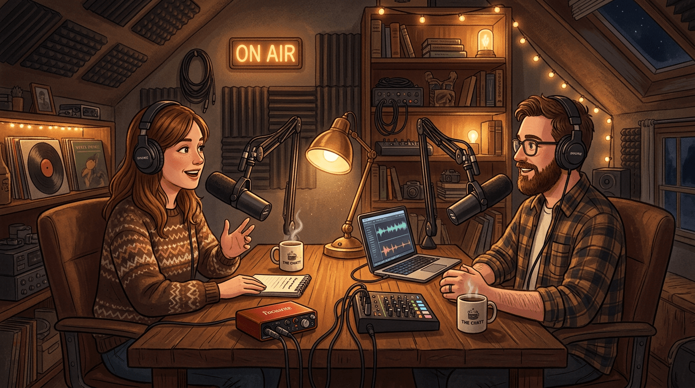 Two people recording a podcast in a cozy room with microphones and headphones