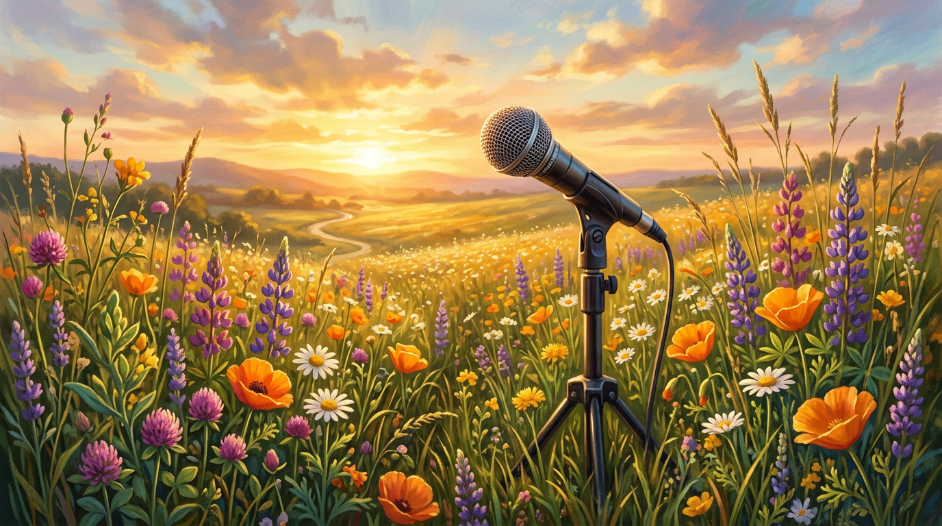 Microphone on stand surrounded by blooming wildflowers with sunset in background