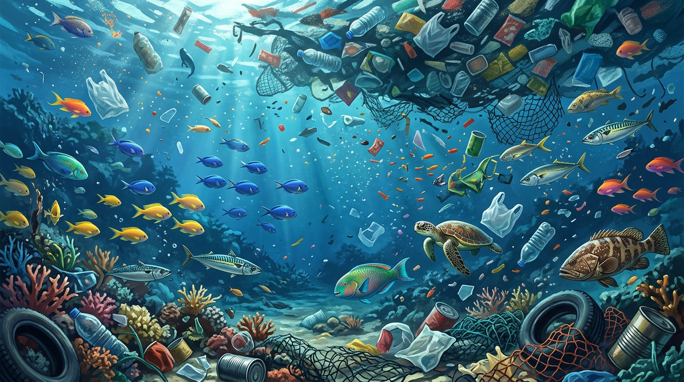 Underwater scene showing colorful fish and marine turtle swimming among plastic bottles, bags, nets, and trash