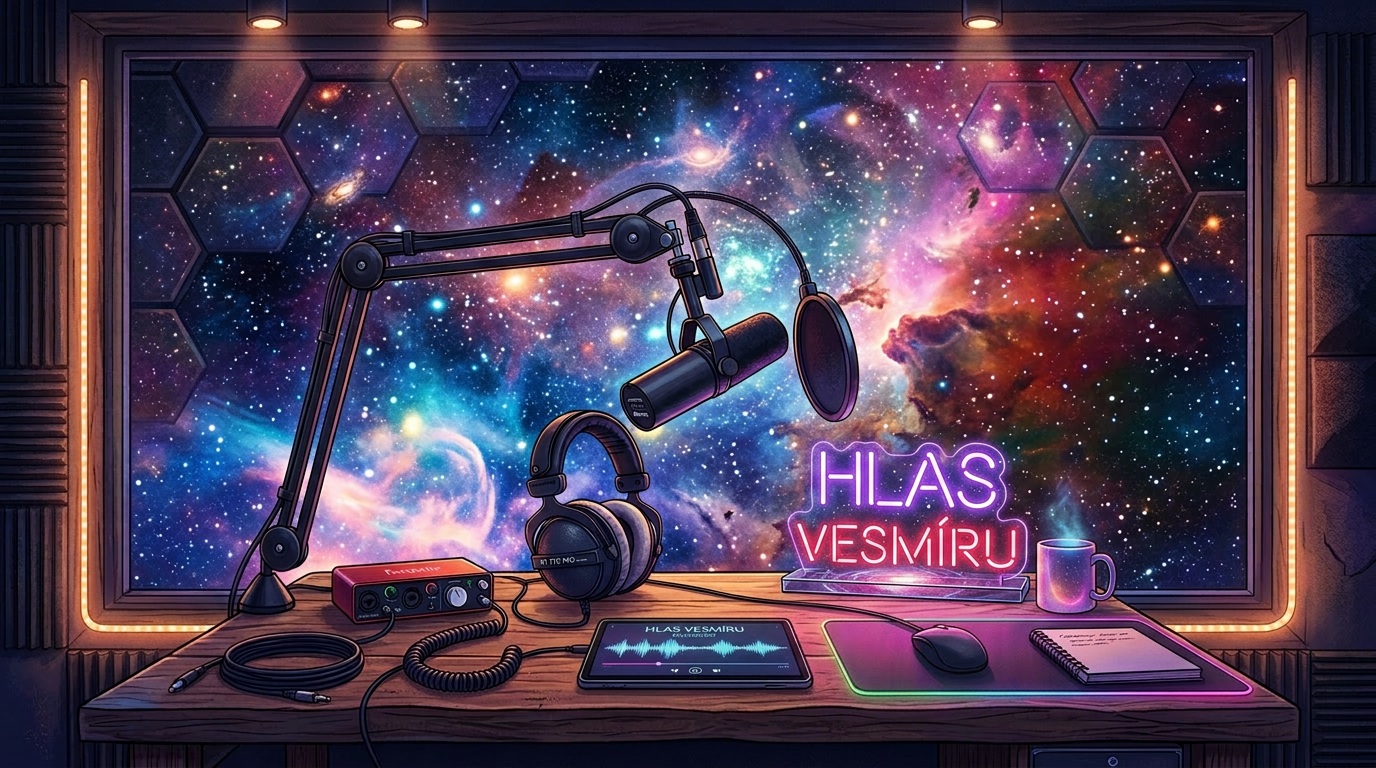 Podcast microphone, headphones, tablet displaying audio waveform, neon sign reading HLAS VESMÍRU, and coffee mug on a desk with a galaxy background