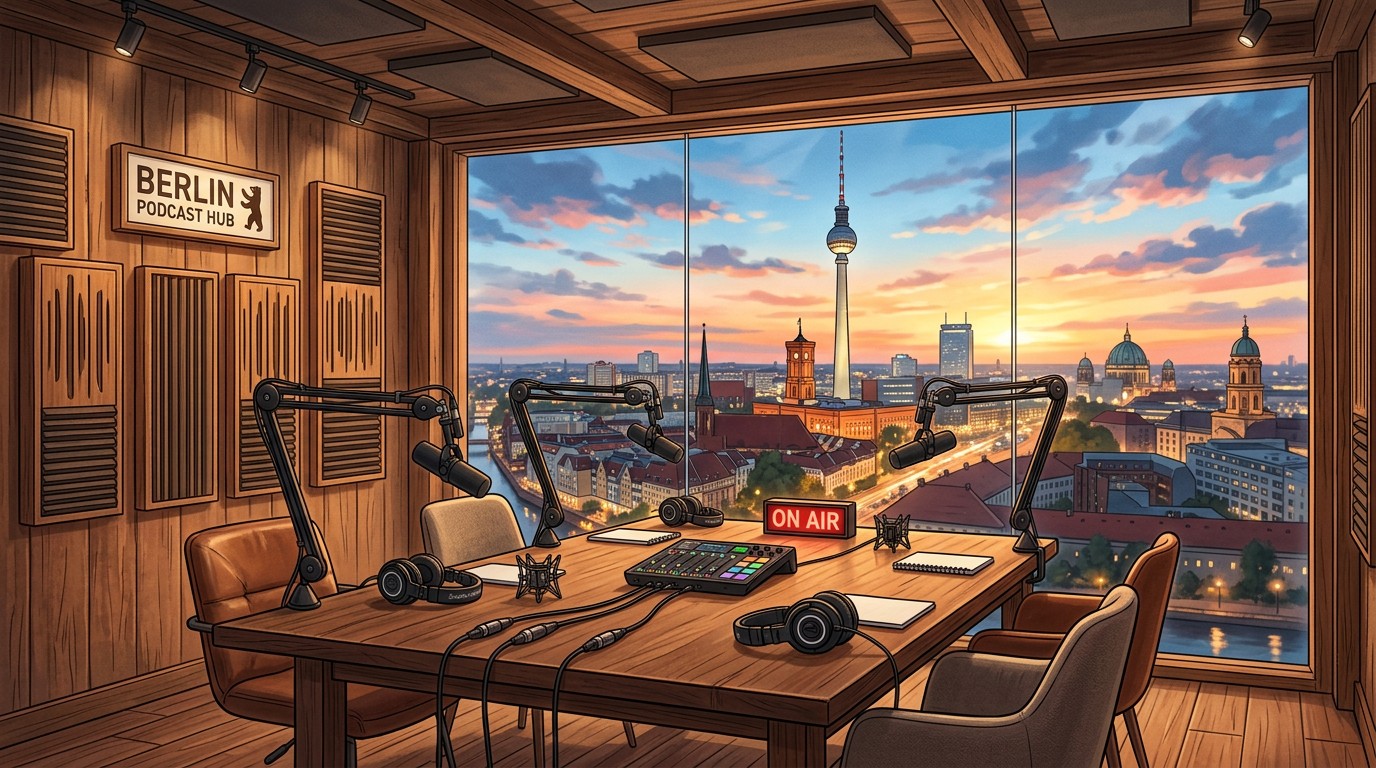 Empty wooden podcast studio with Berlin view