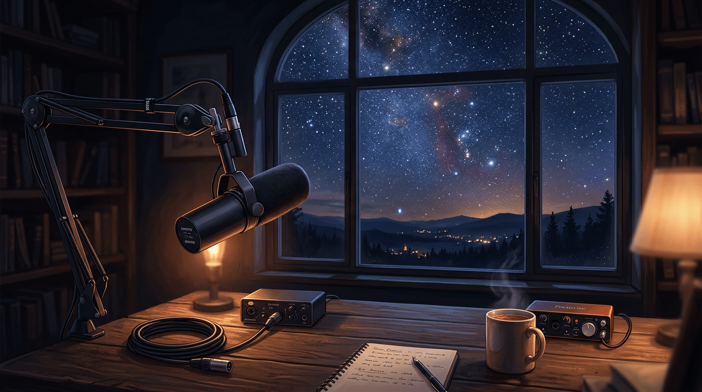 Microphone on desk, starry sky through window