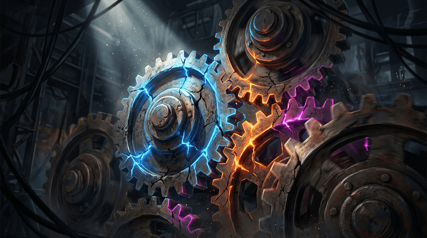 Mechanical gears with glowing blue, orange, and purple cracks turning inside factory machinery