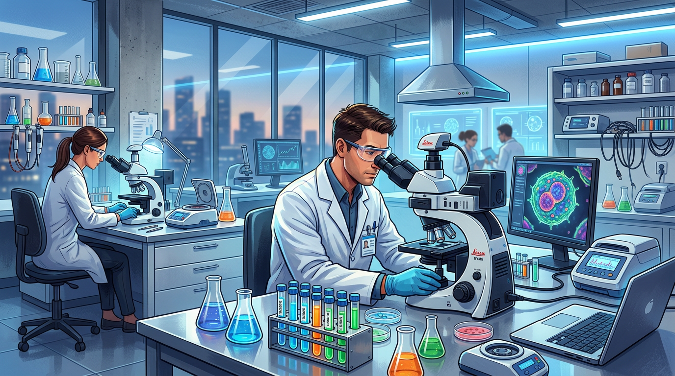 Scientists in white lab coats working with microscopes, test tubes, and computers displaying cellular images in a modern laboratory.