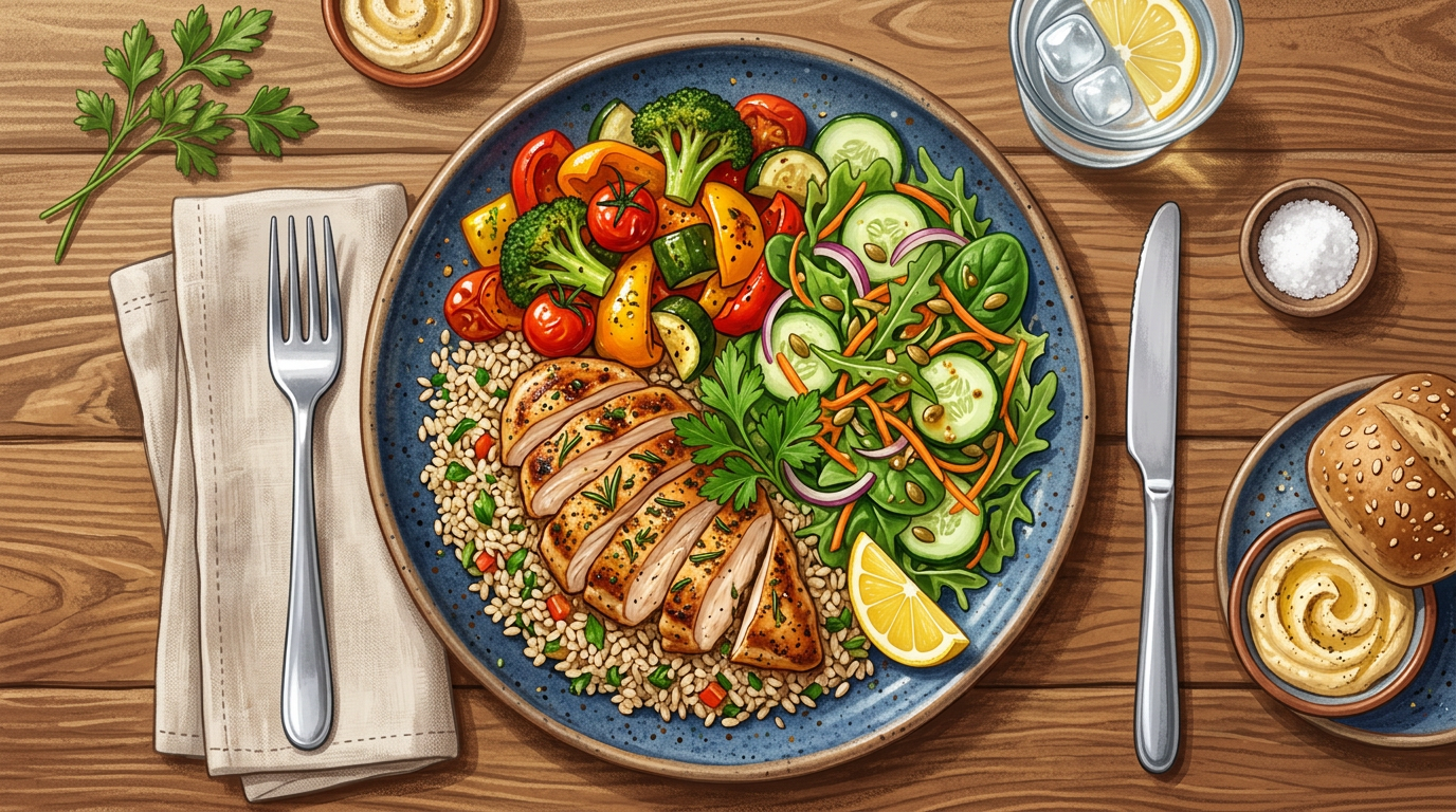 Plate with grilled chicken breast on brown rice, salad with cucumber, carrots, spinach, broccoli, tomatoes, lemon wedge, and dipping sauce