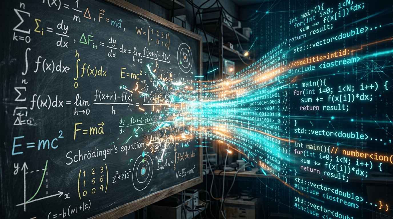Mathematical equations on chalkboard merging with flowing computer code streams