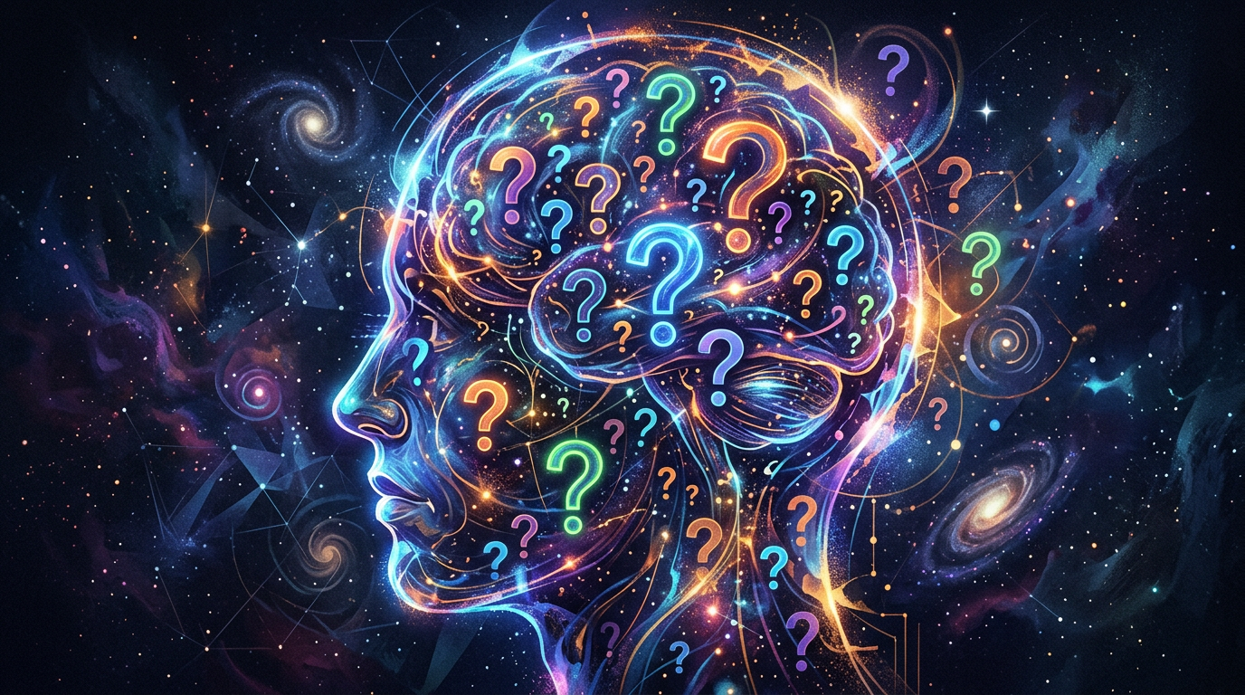 Glowing human head silhouette with numerous colorful question marks inside and around it, set against a starry cosmic background