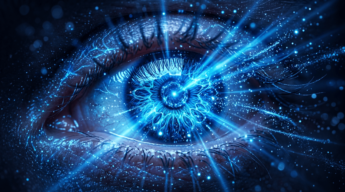 Close-up of an eye with bright blue digital energy beams radiating from the iris