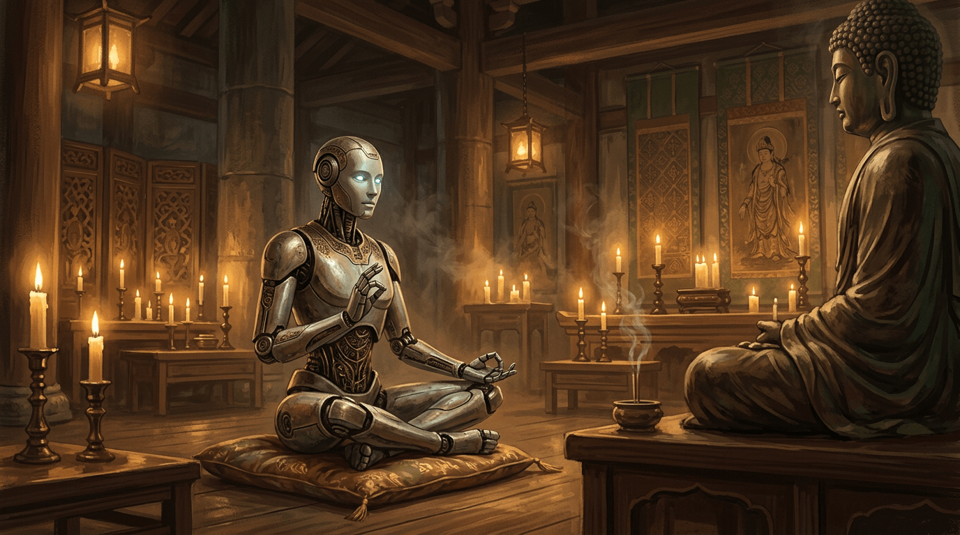 Robot meditating cross-legged on a cushion in a Buddhist temple surrounded by candles and statues