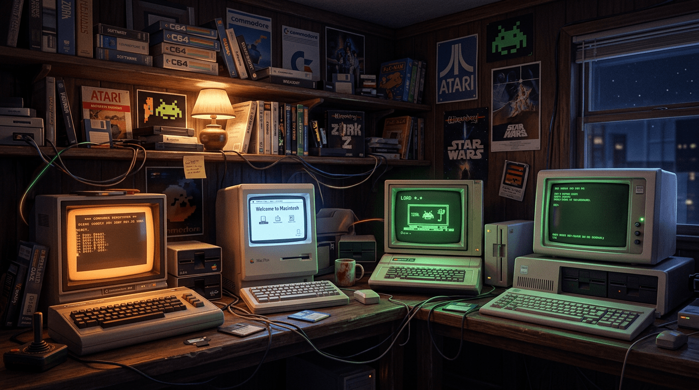 Four vintage computers on a wooden desk with retro posters and books in the background