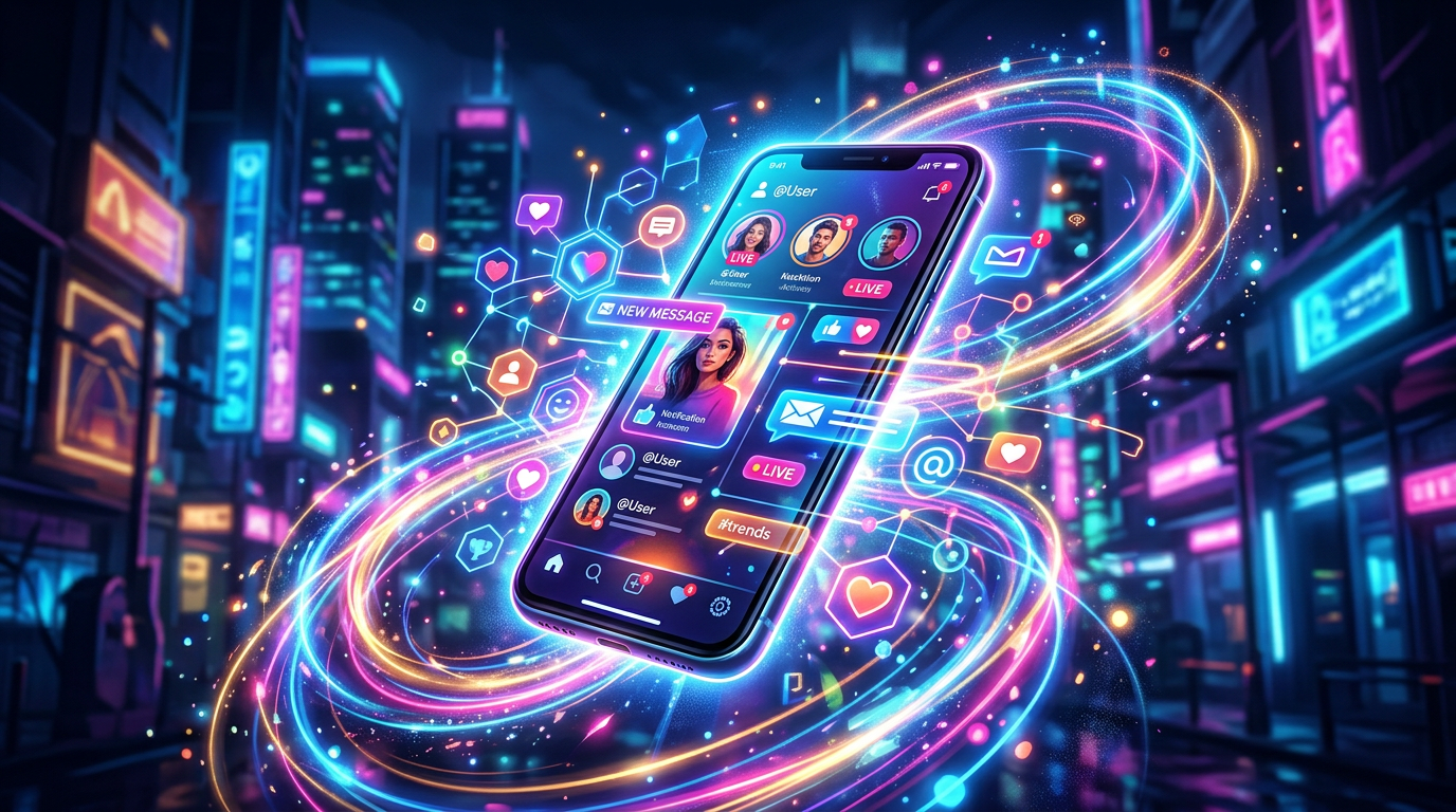 Smartphone displaying active social media notifications and glowing icons in neon cityscape