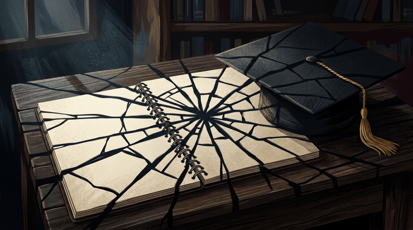 Open spiral notebook and graduation cap with cracks radiating from the center