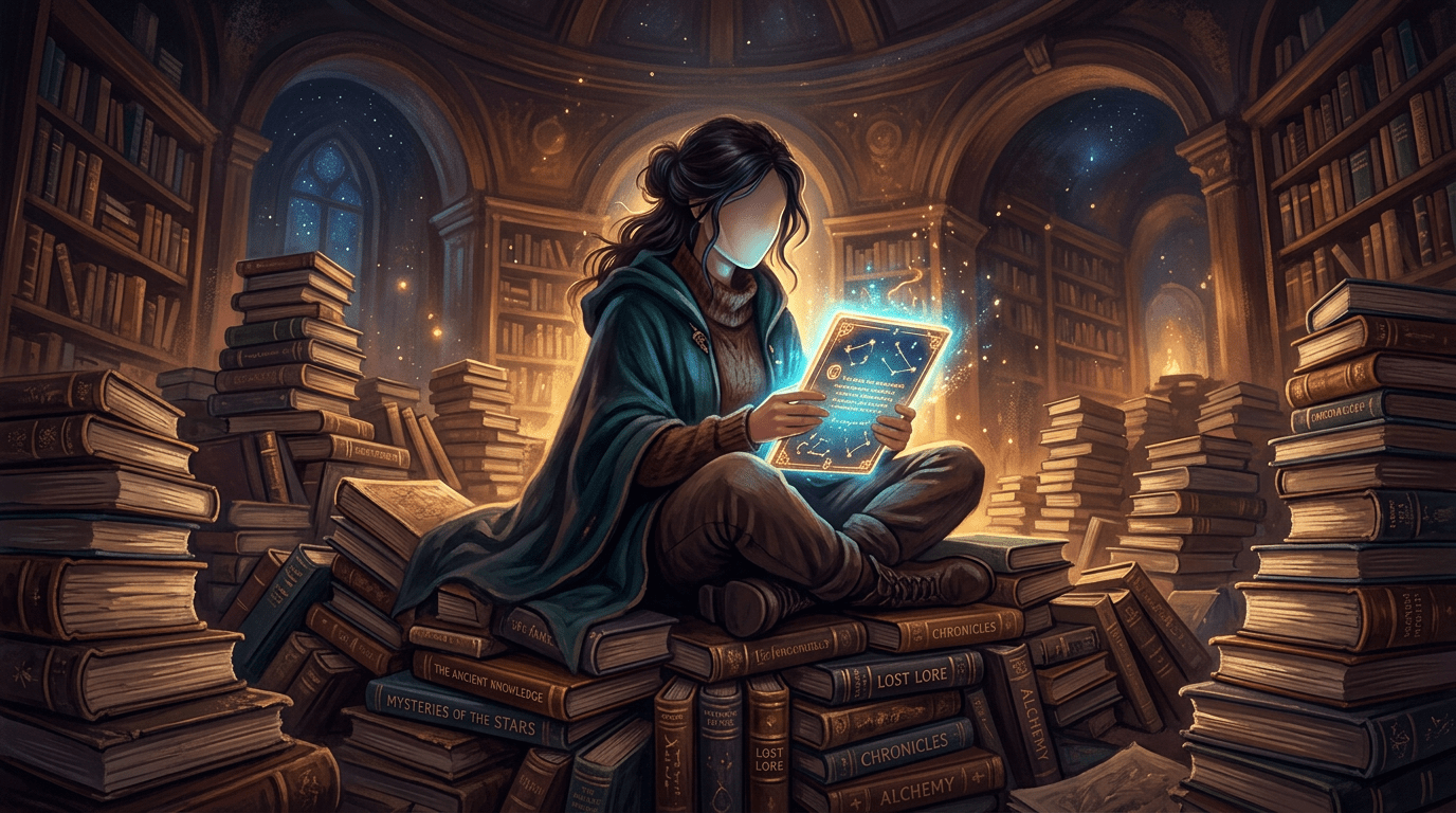Person sitting cross-legged on stacked books reading a glowing magical book in an old library filled with shelves and piles of books