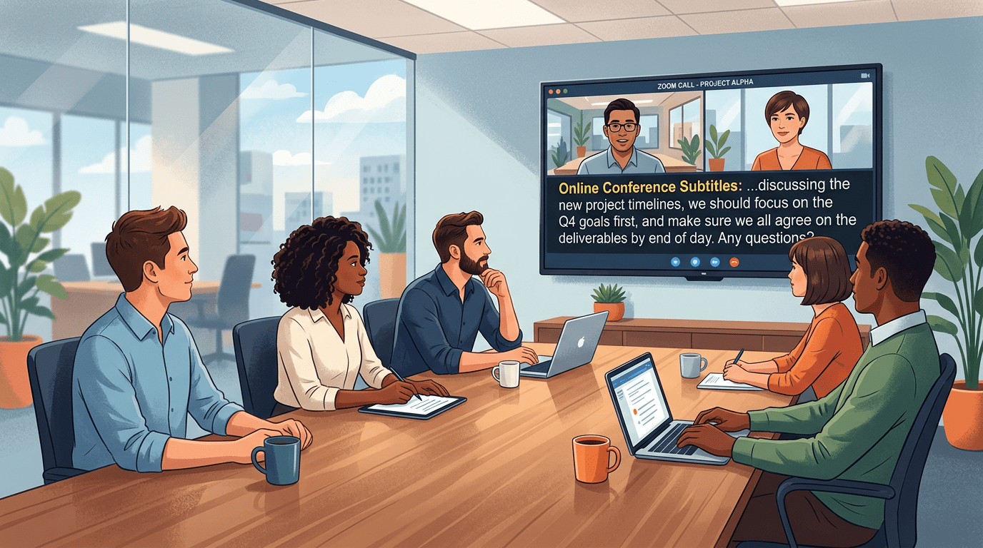 Five people in a meeting room having a video conference with live subtitles on screen